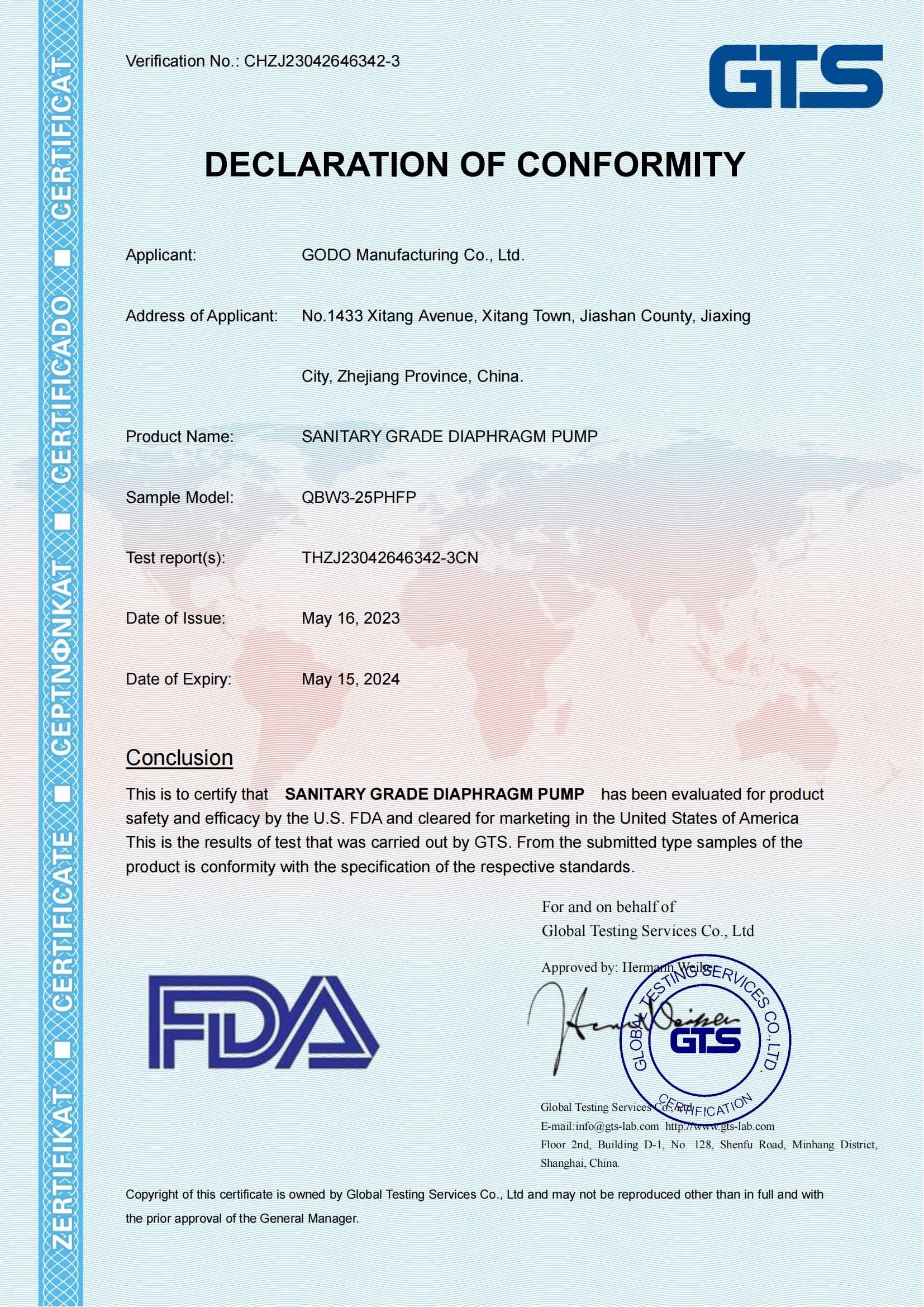 卫生级隔膜泵FDA认证